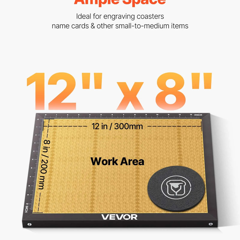 VEVOR 45 W galda CO₂ lāzera gravēšanas un griešanas iekārta, darba laukums 300 × 200 mm, ar rotācijas asi un gaisa padevi, saderīga ar LightBurn, CorelDRAW un GRBL, kokam, akrilam un stiklam