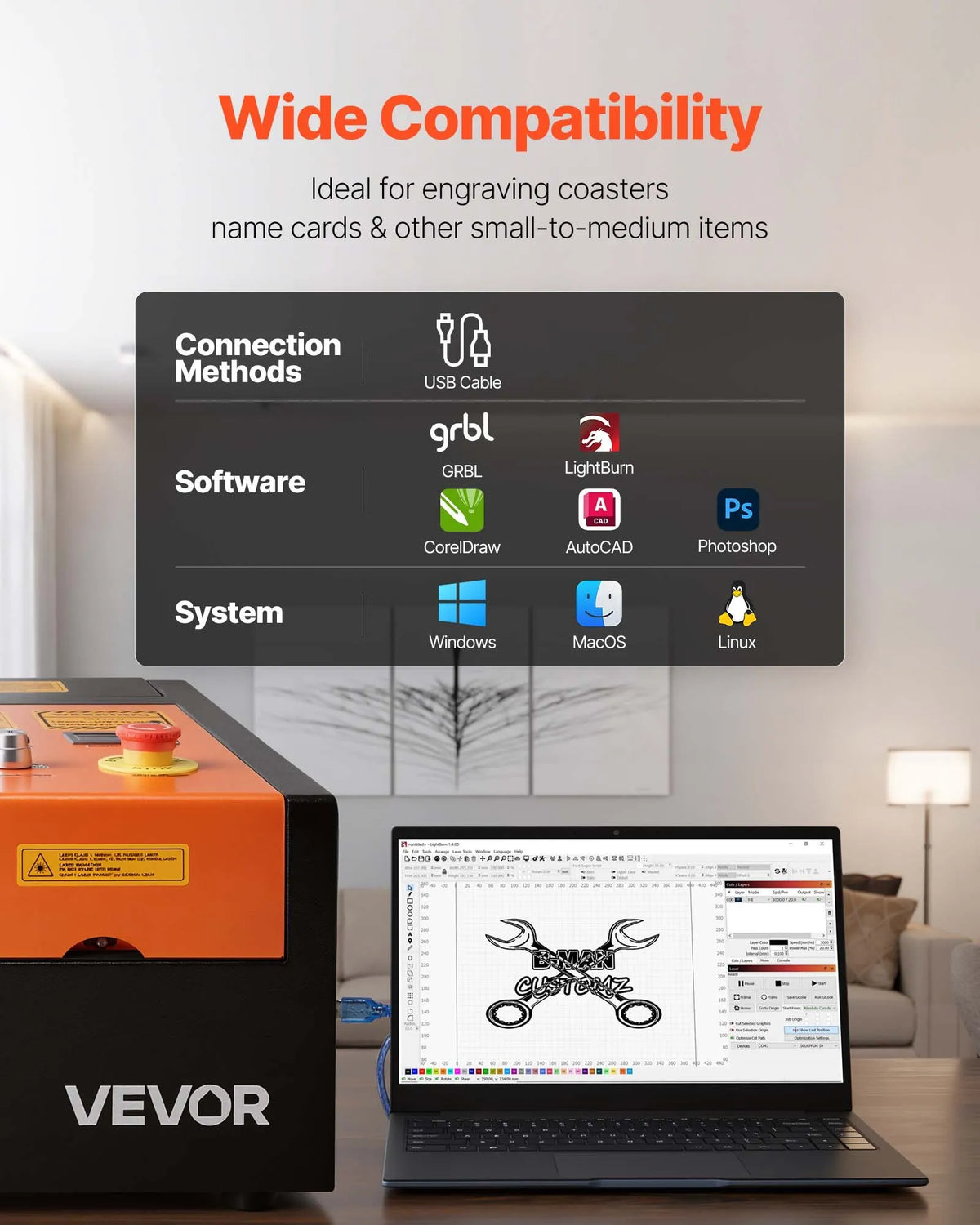 VEVOR 45 W Desktop CO₂ Laser Engraving and Cutting Machine 300 × 200 mm with Rotary Axis and Air Assist, LightBurn, CorelDRAW, GRBL