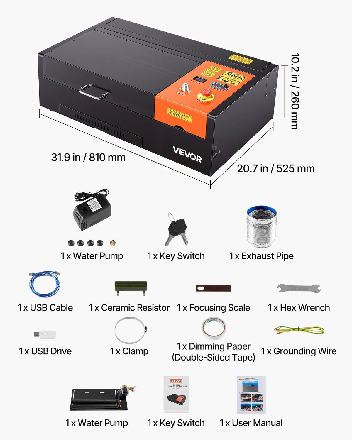 VEVOR 45 W Desktop CO₂ Laser Engraving and Cutting Machine 300 × 200 mm with Rotary Axis and Air Assist, LightBurn, CorelDRAW, GRBL