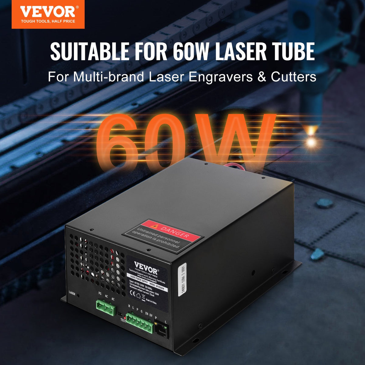 VEVOR laseri toiteplokk 60 W CO₂-lasertorule voolu- ja avatud ahela kaitsega