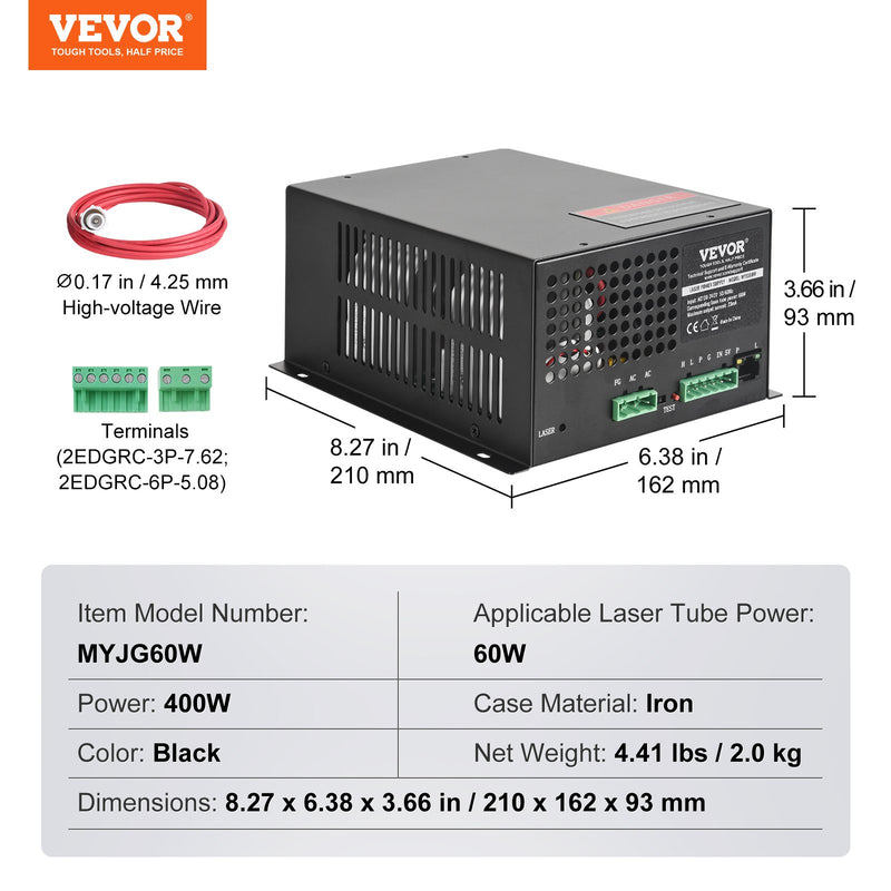 VEVOR CO2 Lāzera Barošanas Avots 60W Lāzera Caurulei, Ar Pastāvīgās Strāvas Aizsardzību, Atvērtās Ķēdes Aizsardzību, Ātru Siltuma Izkliedi, Saderīgs ar Dažādiem Lāzera Gravēšanas un Griešanas Zīmoliem