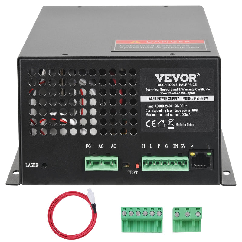 VEVOR CO2 Lāzera Barošanas Avots 60W Lāzera Caurulei, Ar Pastāvīgās Strāvas Aizsardzību, Atvērtās Ķēdes Aizsardzību, Ātru Siltuma Izkliedi, Saderīgs ar Dažādiem Lāzera Gravēšanas un Griešanas Zīmoliem