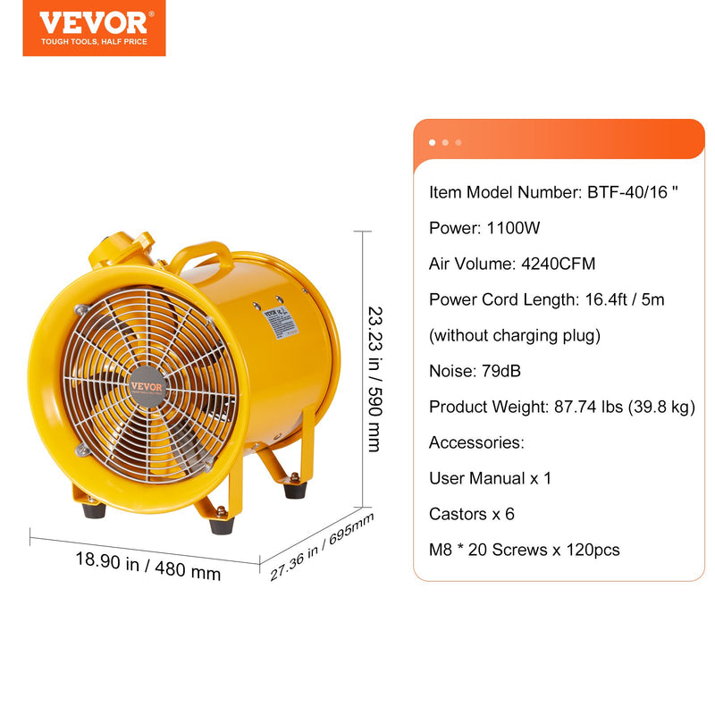 VEVOR 406.4mm Izplūdes Ventilators Pūtejs ar 5m Strāvas Vadu - Pārnēsājams Industrijas Ventilators