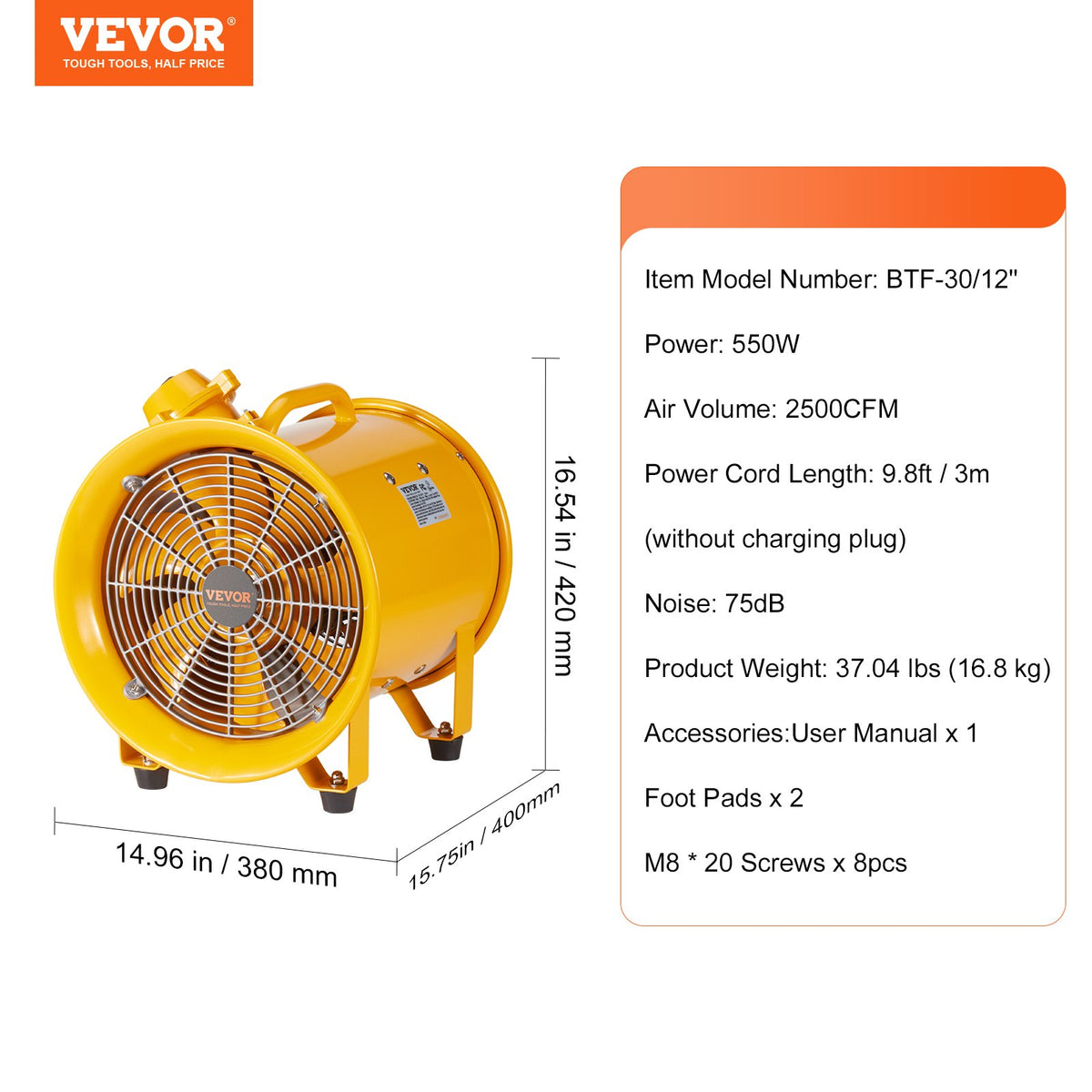 VEVOR 304.8mm Exhaust Fan Blower Portable with 3m Power Cable - Industrial Fan