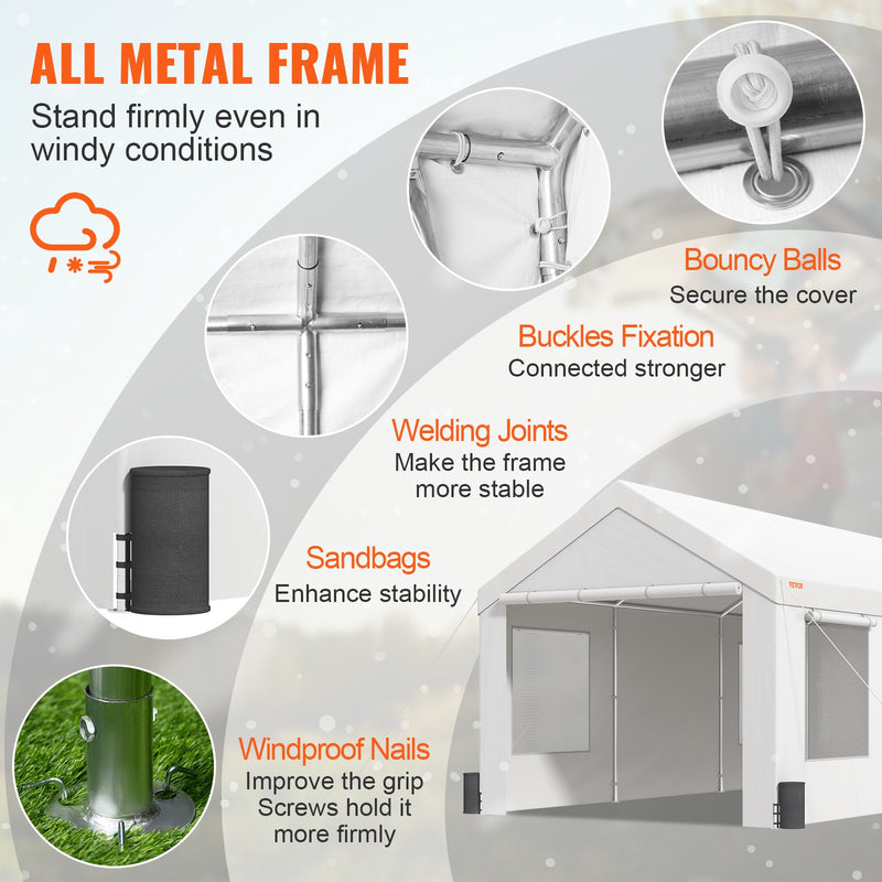 VEVOR Autonojume  3 x 6 m ar paceļamiem ventilējamiem logiem, ar noņemamām sānu sienām, ūdensizturīgs un UV izturīgs pārsegs  automašīnām, laivām, kravai u.c., balta