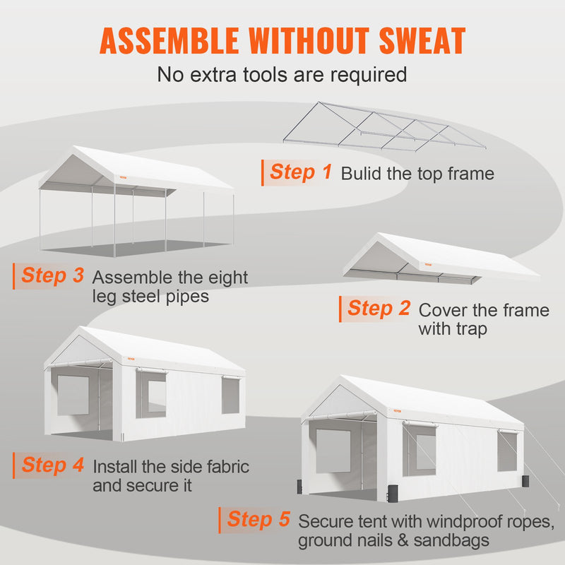 VEVOR Autonojume  3.6 x 6 m ar paceļamiem ventilējamiem logiem, ar noņemamām sānu sienām, ūdensizturīgs un UV izturīgs, pārsegs  automašīnām, laivām, kravai u.c., balts