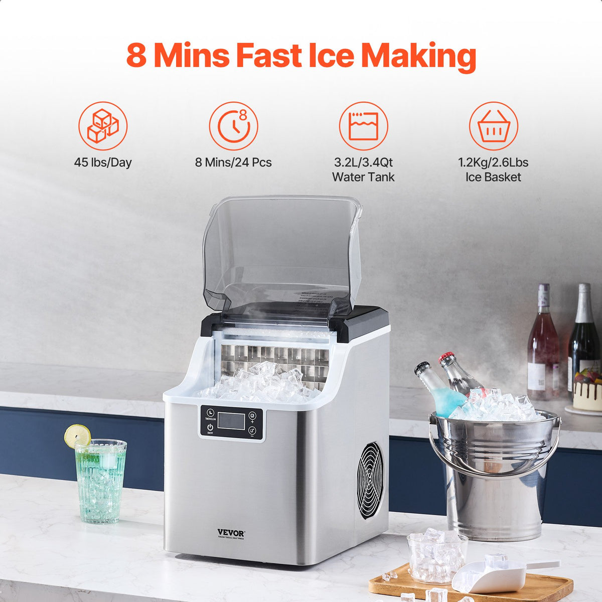 VEVOR Portable Countertop Ice Maker 20 kg/24 h with Self-Cleaning, Scoop and Basket