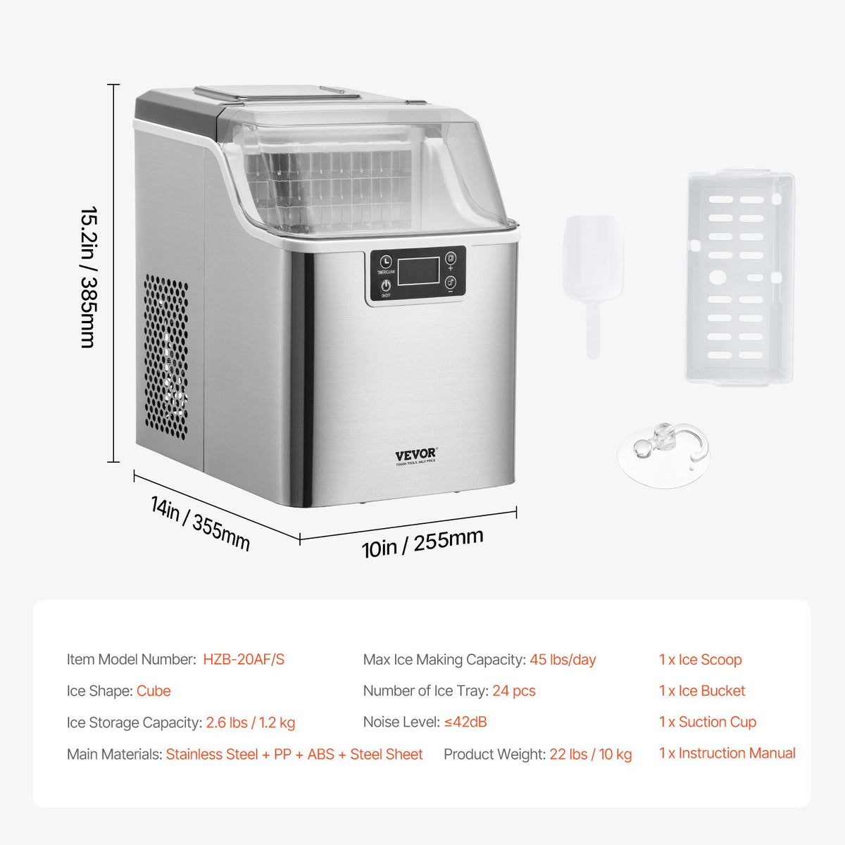 VEVOR Portable Countertop Ice Maker 20 kg/24 h with Self-Cleaning, Scoop and Basket
