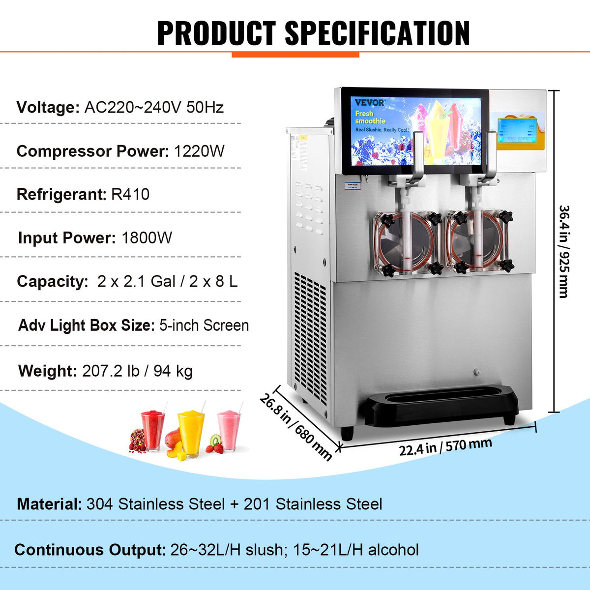 VEVOR Commercial Slush Machine 2 × 8 l with Dual Bowls for Margaritas and Frozen Drinks