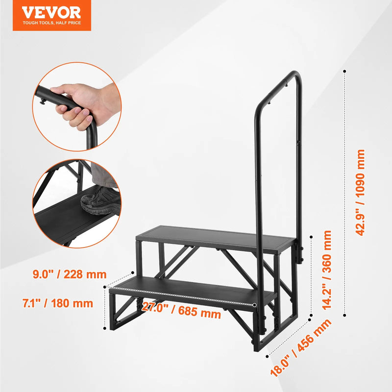 VEVOR 2 pakāpienu kāpnes kemperiem ar margām 199,6 kg nestspēja neslīdoši pakāpieni no bieza oglekļa tērauda kemperiem piekabēm un treileriem