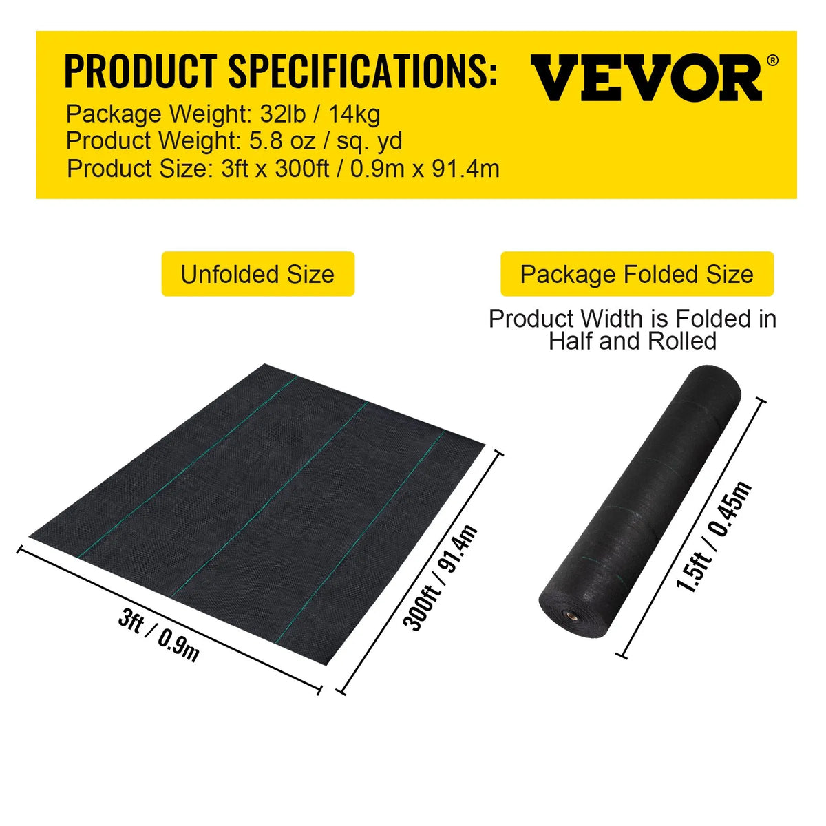 VEVOR Nezāļu ierobežošanas ainavu audums 0,91 x 91,4 m, 197 g/m² pastiprināts austs ģeotekstils dārzam un terasei, melns - ZEMLETES.LV