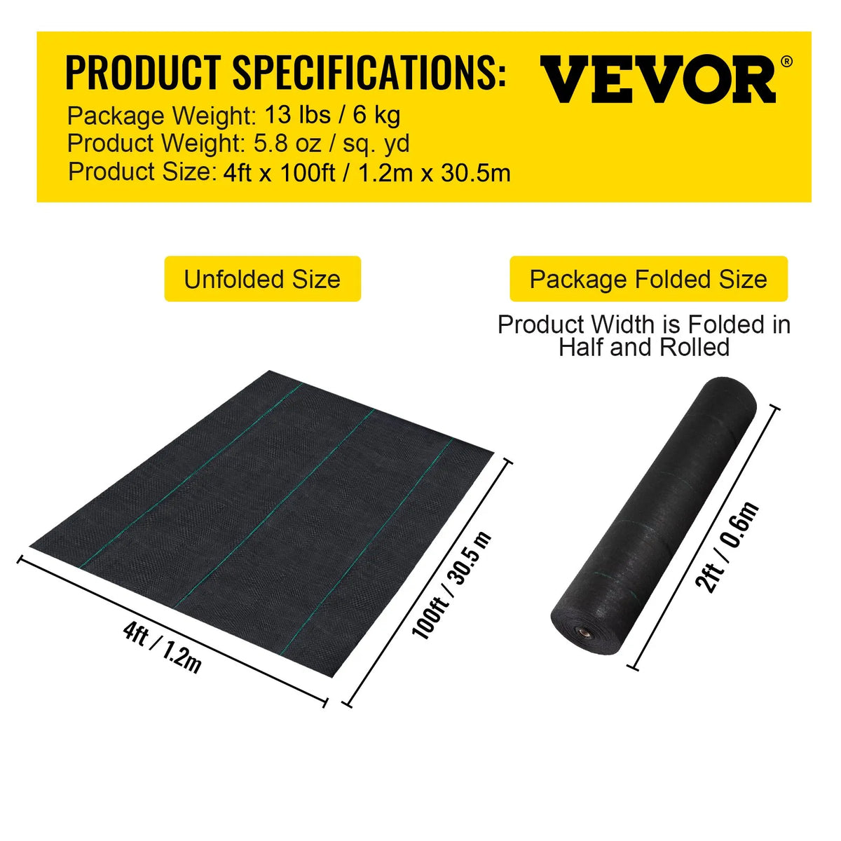 VEVOR dārza pretnezāļu ģeotekstila audums 197 g/m², 120 × 3048 cm, smagas noslodzes ainavu segums dārza zemes pārklājumam, melns - ZEMLETES.LV