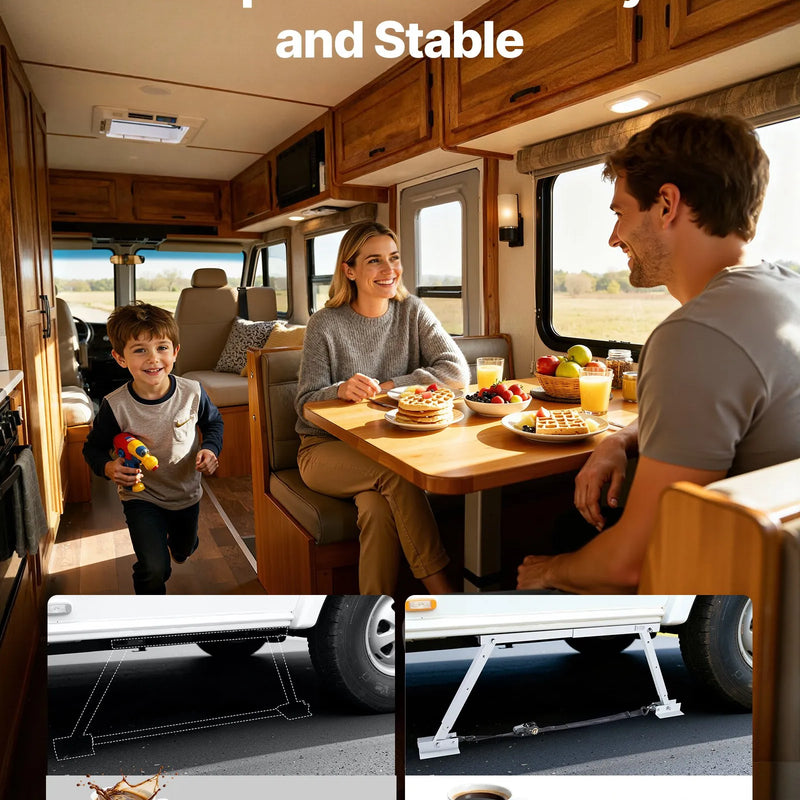 VEVOR universāls RV stabilizators piekabēm un kemperiem, regulējams augstums 304,8–711,2 mm, salokāms, samazina transportlīdzekļa šūpošanos, 1 gab.