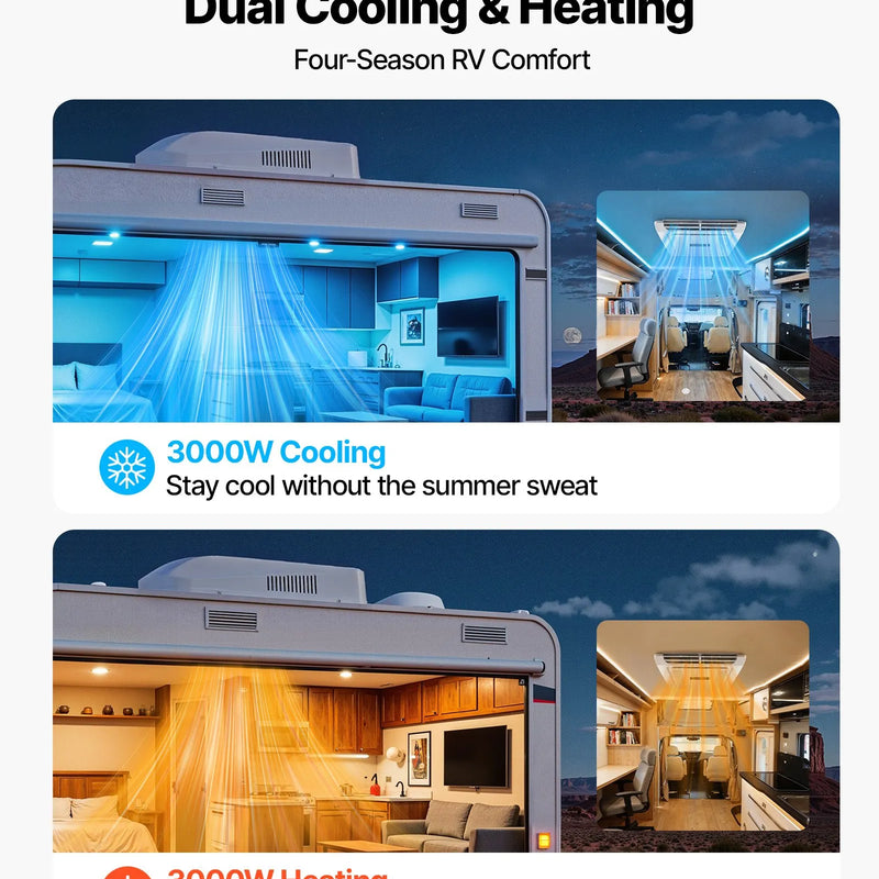 VEVOR jumta kondicionieris kemperiem 3000 W 220 V bezkanālu kondicionieris ar siltumsūkni un dzesēšanu maināma ātruma klusu darbību tālvadību un ADB pogu vadību balts
