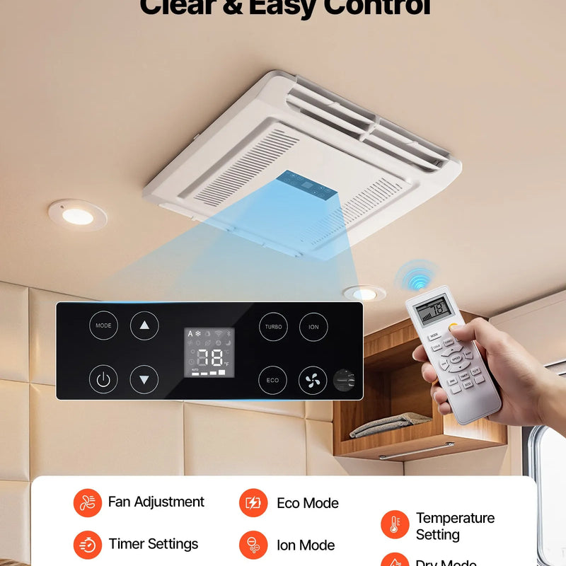VEVOR jumta kondicionieris kemperiem 3000 W 220 V bezkanālu kondicionieris ar siltumsūkni un dzesēšanu maināma ātruma klusu darbību tālvadību un ADB pogu vadību balts