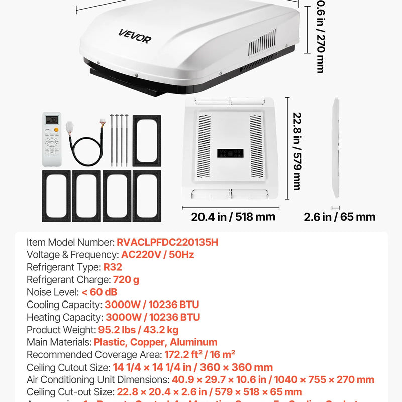 VEVOR jumta kondicionieris kemperiem 3000 W 220 V bezkanālu kondicionieris ar siltumsūkni un dzesēšanu maināma ātruma klusu darbību tālvadību un ADB pogu vadību balts