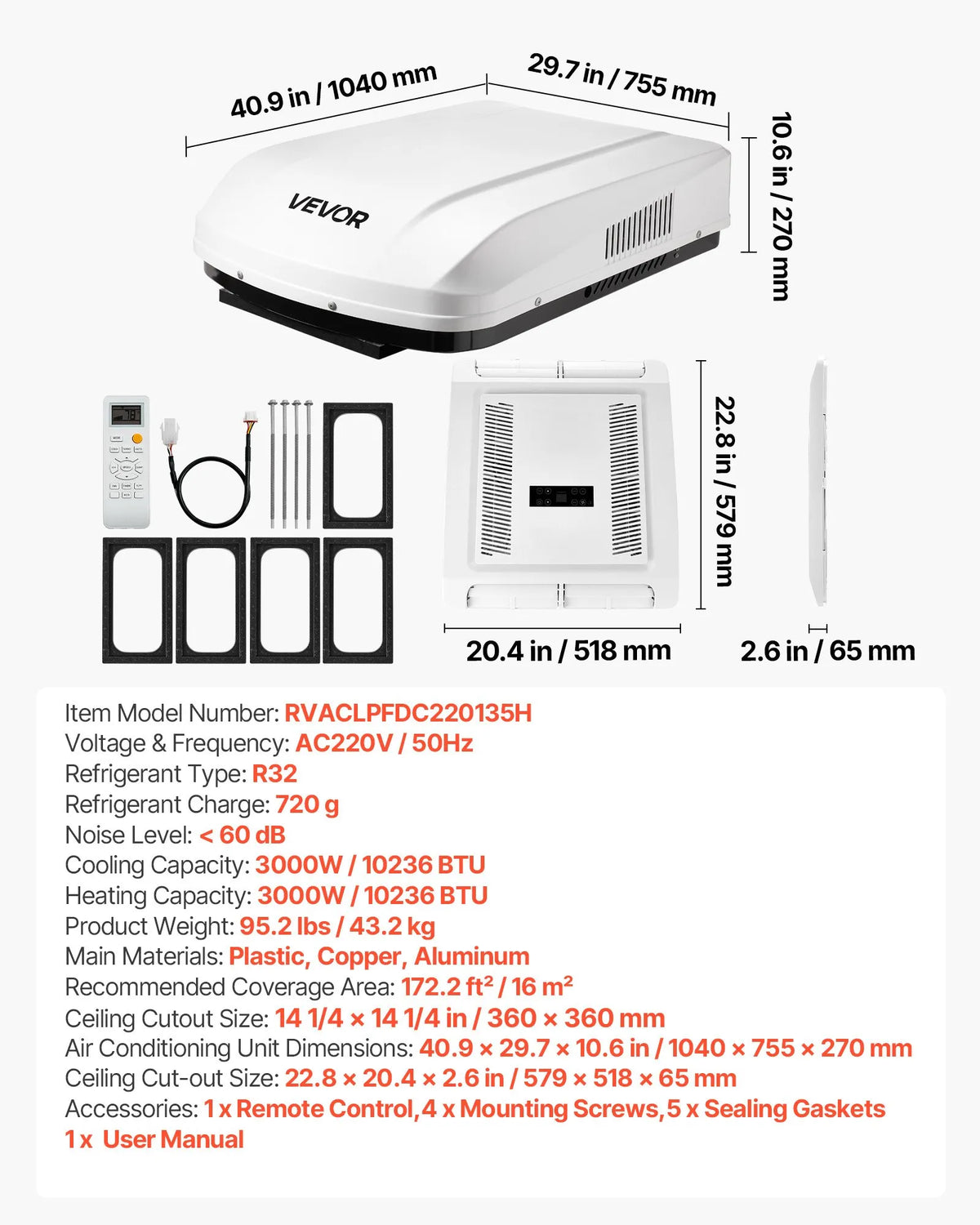 VEVOR Roof Air Conditioner for Campers 3000 W 220 V Ductless Air Conditioner with Heat Pump and Cooling Variable Speed Quiet Operation Remote Control and ADB Button Control White