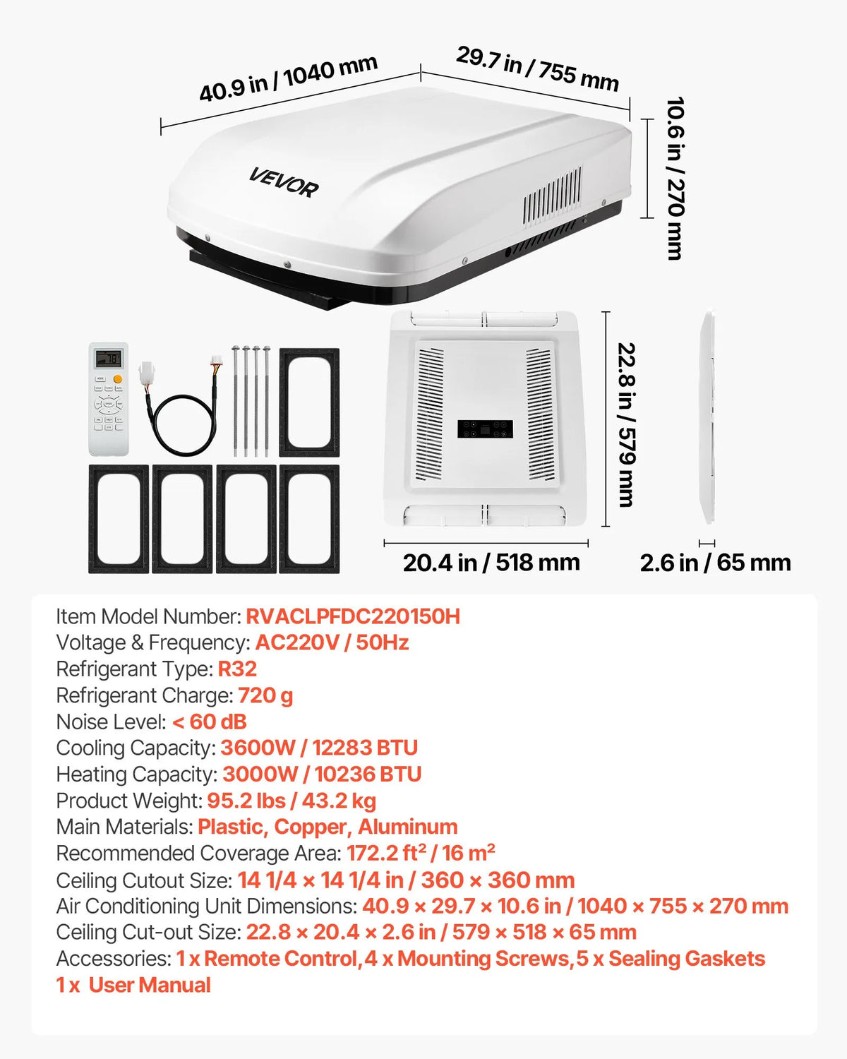 VEVOR Roof Air Conditioner for Camper, 3600 W RV Air Conditioner, 220 V Ductless Roof Air Conditioner with Heating and Cooling Function, Quiet Variable Speed AC Unit with ADB Button Control and Remote Control, White