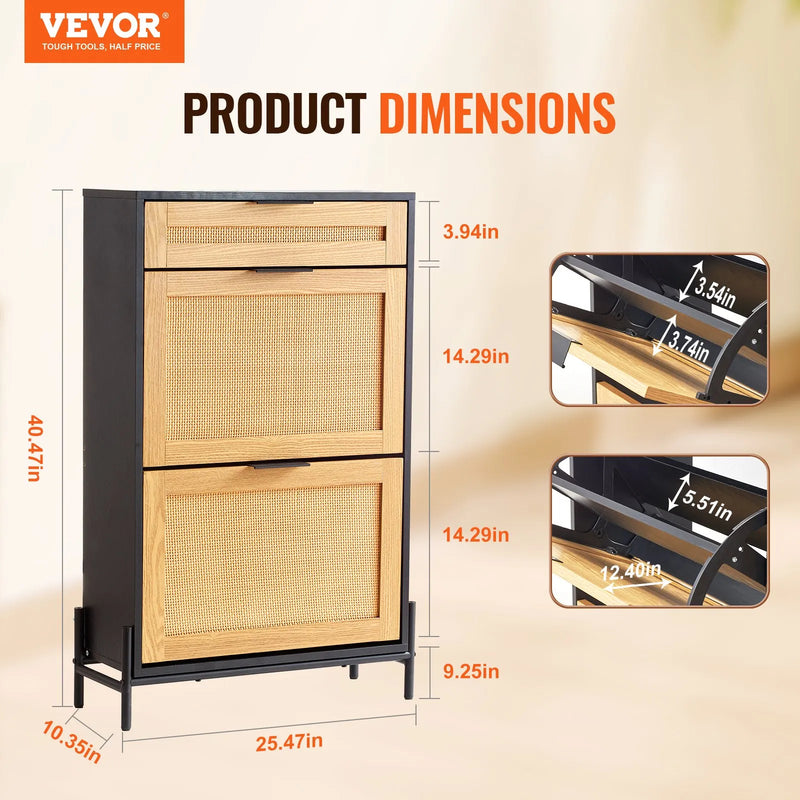 VEVOR pīts kurpju skapis ar 2 nolokāmiem pītiem nodalījumiem un 1 bīdāmu atvilktni, metāla kājas, šaurs ieejas skapis kurpēm, melns