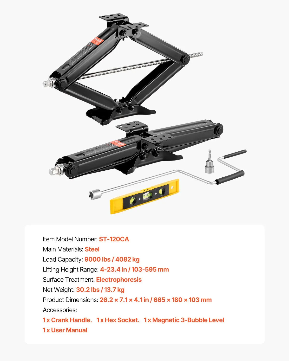 VEVOR RV Levelling Jacks 4082 kg 10.2–59.4 cm RV Stabiliser and Levelling Jacks Set 2 pcs Heavy-Duty Stabiliser Jacks with Crank Handle Footpads and Bubble Levels Deformation Resistant