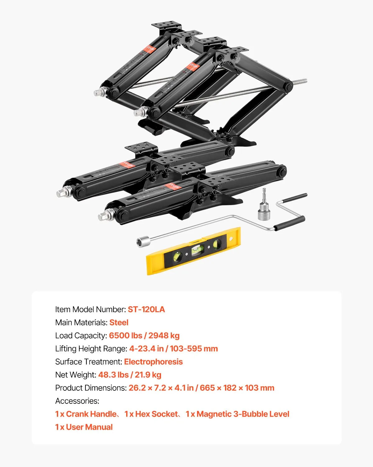 VEVOR RV Levelling Jacks 2948 kg 10.2–59.4 cm RV Stabiliser and Levelling Jacks Set 4 pcs Heavy-Duty Stabiliser Jacks with Crank Handle Tops and Bubble Levels Deformation Resistant