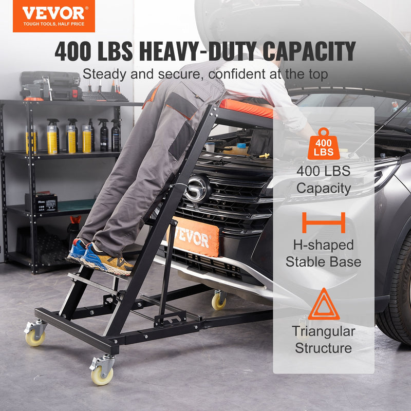 VEVOR Augšējais Auto Ratiņkrēsls, Regulējams 108–165 cm, 181 kg, 4 Grozāmie Riteņi, Polsterēta Platforma, Salokāms, Piemērots Garāžai un Remontdarbiem