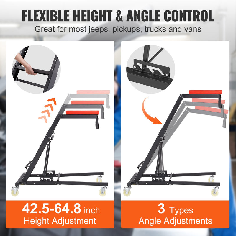 VEVOR Augšējais Auto Ratiņkrēsls, Regulējams 108–165 cm, 181 kg, 4 Grozāmie Riteņi, Polsterēta Platforma, Salokāms, Piemērots Garāžai un Remontdarbiem