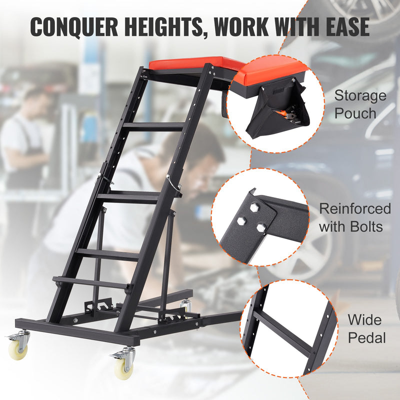 VEVOR Augšējais Auto Ratiņkrēsls, Regulējams 108–165 cm, 181 kg, 4 Grozāmie Riteņi, Polsterēta Platforma, Salokāms, Piemērots Garāžai un Remontdarbiem