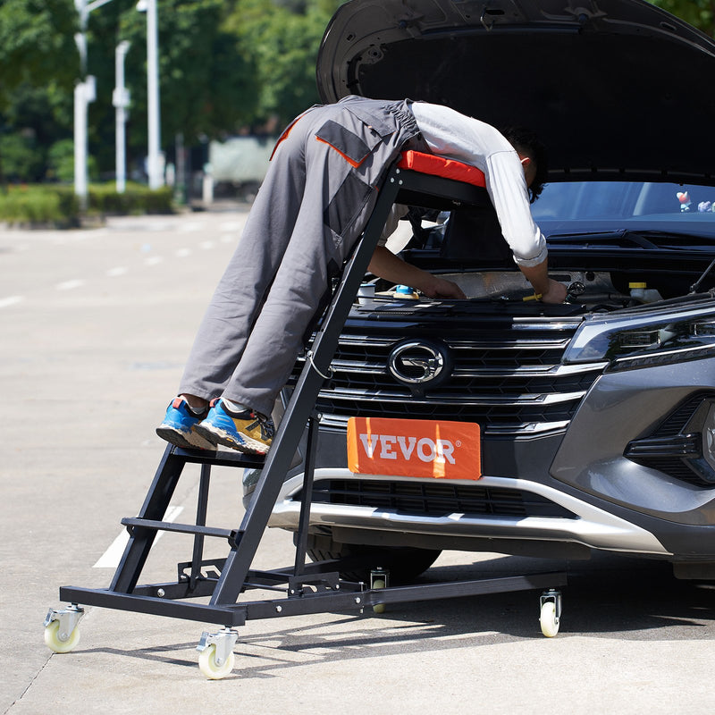 VEVOR Augšējais Auto Ratiņkrēsls, Regulējams 108-165 cm, 181 kg, 4 Grozāmie Riteņi, Polsterēta Platforma, Salokāms, Piemērots Garāžai un Remontdarbiem