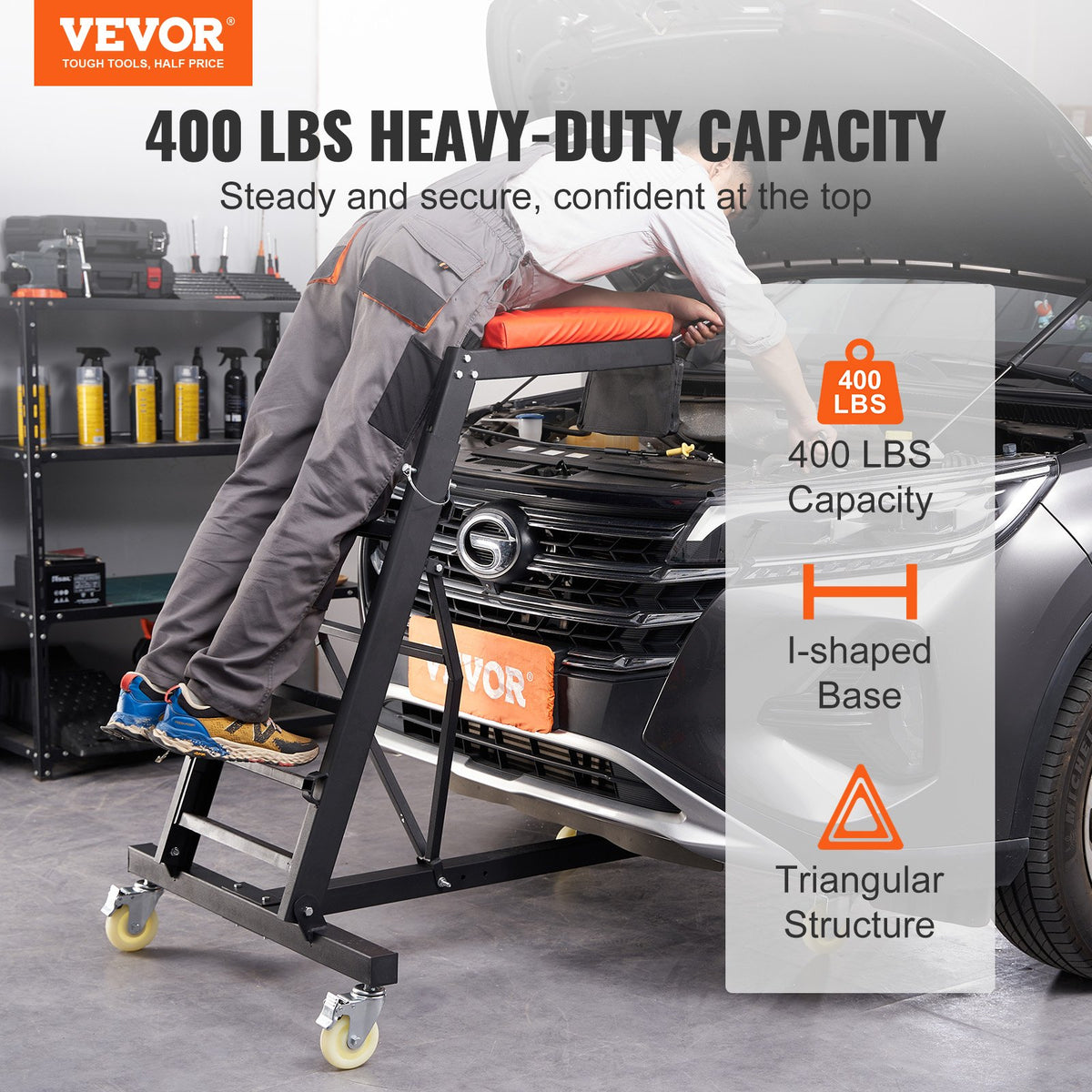 VEVOR Augstais Auto Remonta Ratiņkrēsls, Regulējams 126-192 cm, 181 kg, 4 Grozāmie Riteņi, Salokāms, Smagai Slodzei