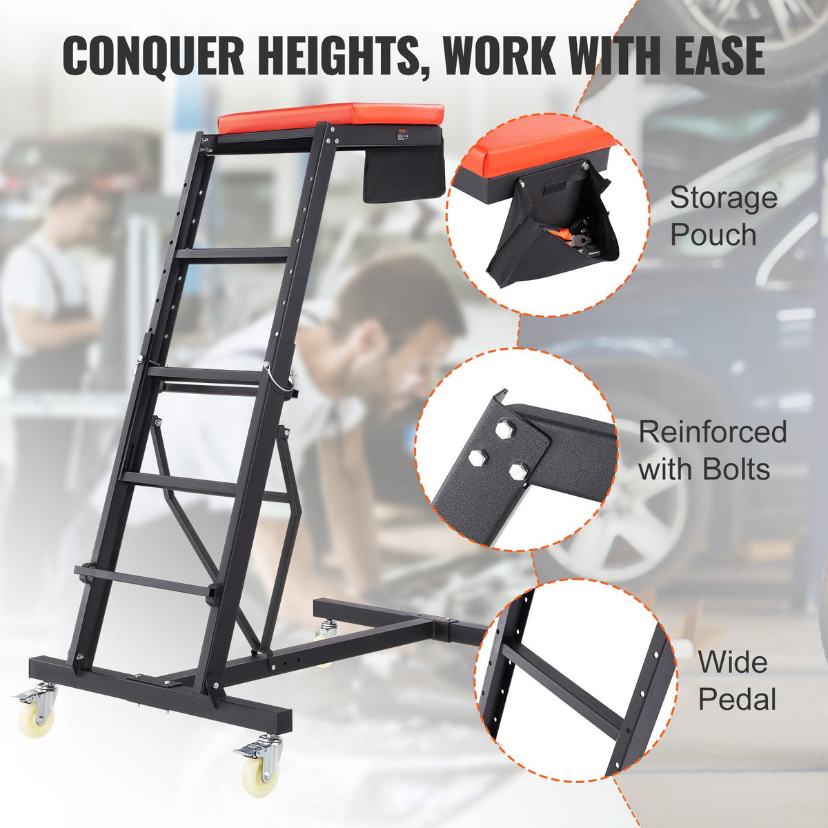 VEVOR Augstais Auto Remonta Ratiņkrēsls, Regulējams 126-192 cm, 181 kg, 4 Grozāmie Riteņi, Salokāms, Smagai Slodzei