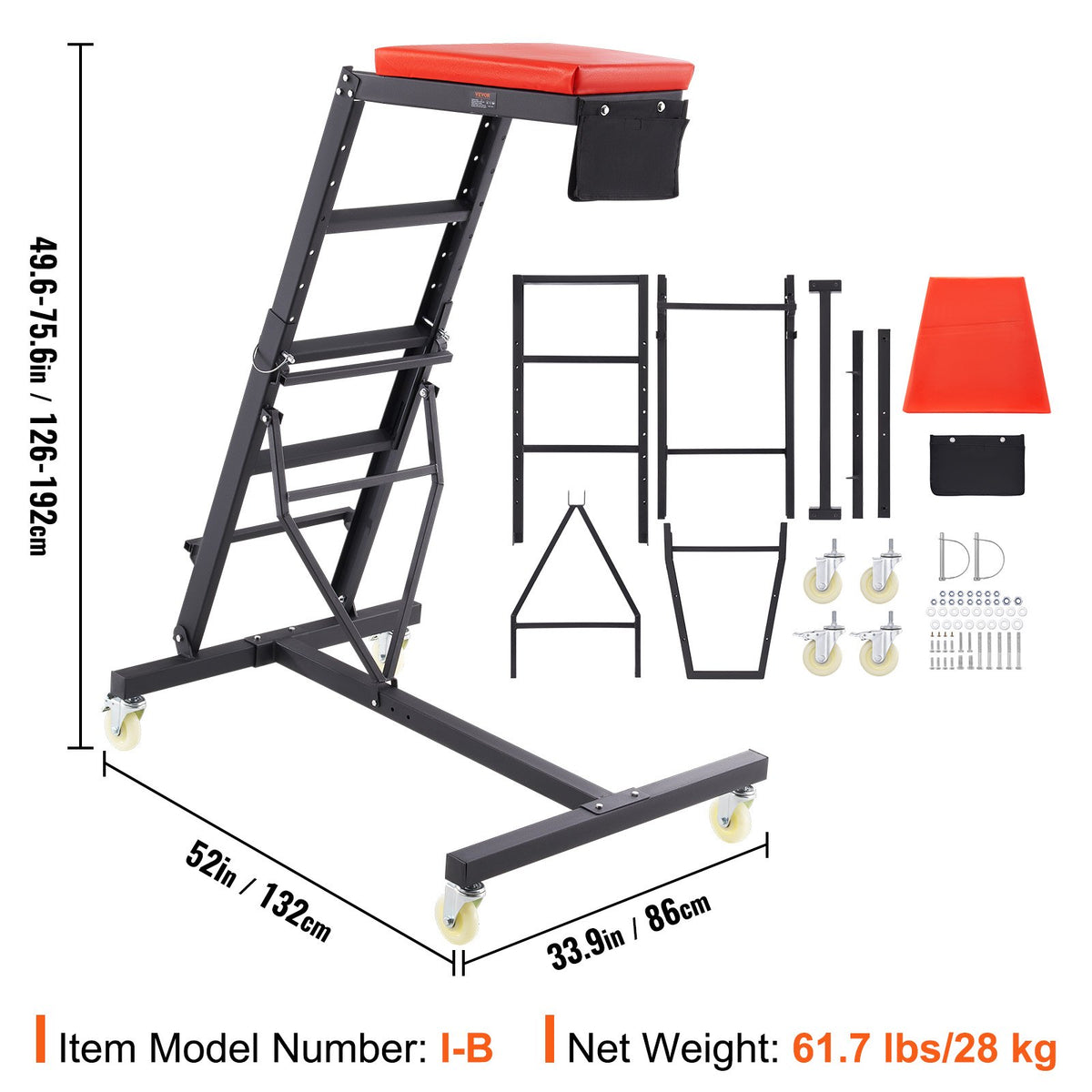 VEVOR Augstais Auto Remonta Ratiņkrēsls, Regulējams 126-192 cm, 181 kg, 4 Grozāmie Riteņi, Salokāms, Smagai Slodzei