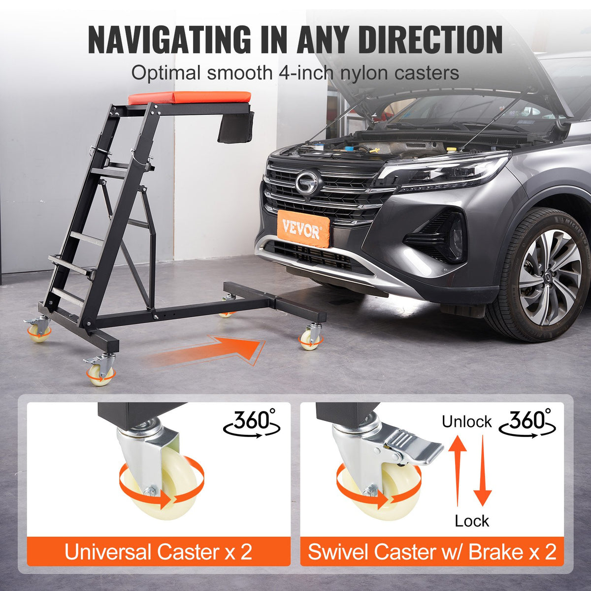 VEVOR Mechanic Creeper Seat for Engine Maintenance, Adjustable Height 1160–1680 mm, Load Capacity 181 kg, with 4 Swivel Casters, Heavy-Duty Construction, for Auto Repair and Maintenance