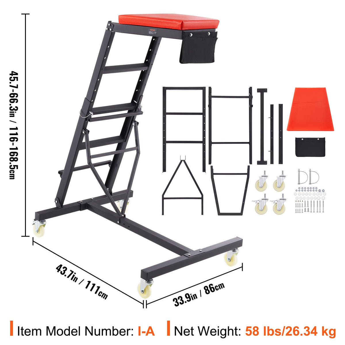 VEVOR Mechanic Creeper Seat for Engine Maintenance, Adjustable Height 1160–1680 mm, Load Capacity 181 kg, with 4 Swivel Casters, Heavy-Duty Construction, for Auto Repair and Maintenance
