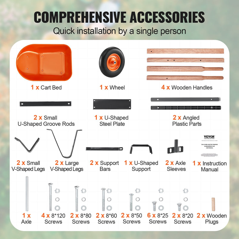 VEVOR Dārza ratiņi ar vienu riteni, 170 kg kravnesība, 0,17 m³ izkraušanas šķīvis