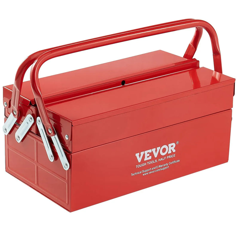 Metāla instrumentu kaste 35,6 cm, 2 līmeņu, 3 nodalījumu salokāma pārnēsājama ar rokturi un aizslēga vietu, pulverkrāsots tērauds, sarkana