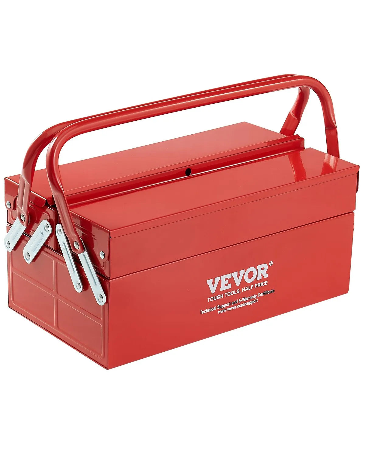VEVOR Folding Metal Tool Box 356 mm, 2 Tiers, 3 Compartments, with Handle and Lock Slot, Red