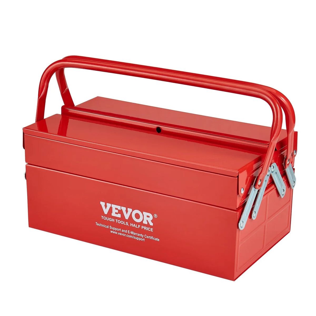 VEVOR Folding Metal Tool Box 356 mm, 2 Tiers, 3 Compartments, with Handle and Lock Slot, Red