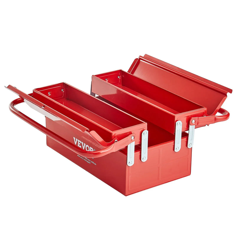 Metāla instrumentu kaste 35,6 cm, 2 līmeņu, 3 nodalījumu salokāma pārnēsājama ar rokturi un aizslēga vietu, pulverkrāsots tērauds, sarkana