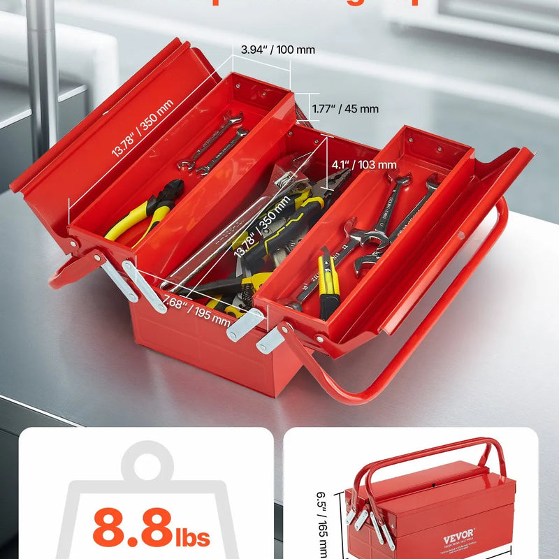 Metāla instrumentu kaste 35,6 cm, 2 līmeņu, 3 nodalījumu salokāma pārnēsājama ar rokturi un aizslēga vietu, pulverkrāsots tērauds, sarkana