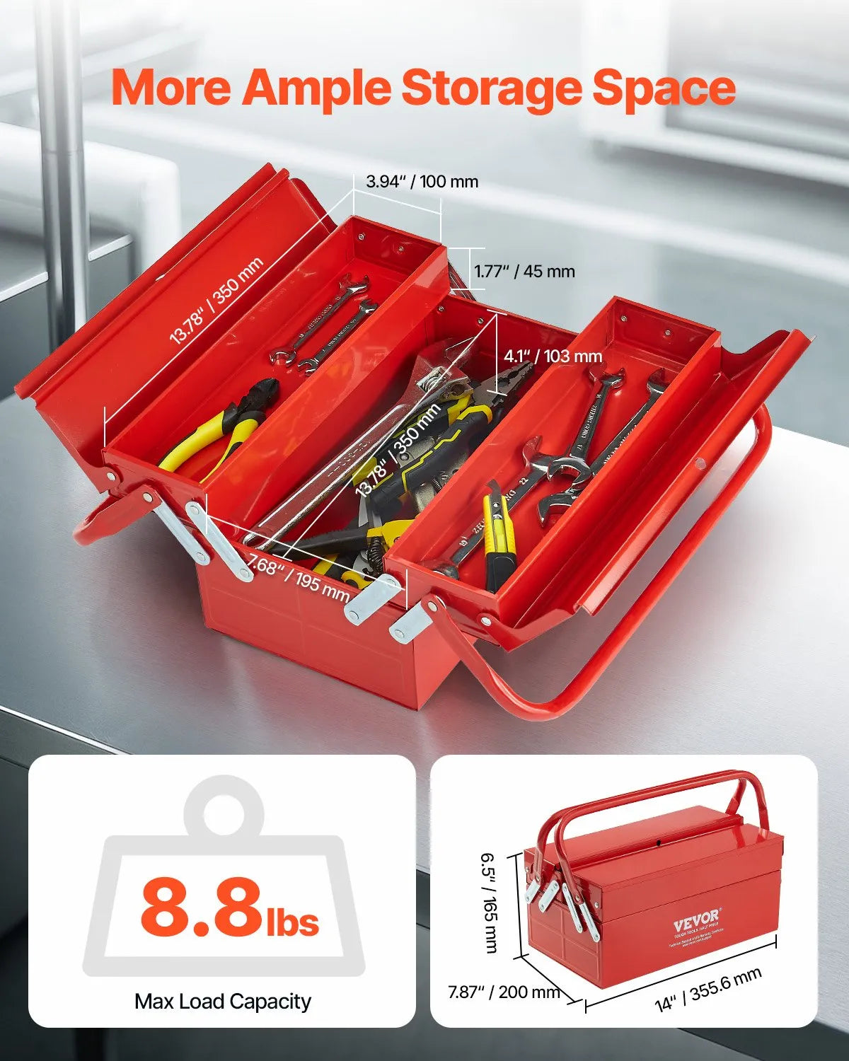 VEVOR Folding Metal Tool Box 356 mm, 2 Tiers, 3 Compartments, with Handle and Lock Slot, Red