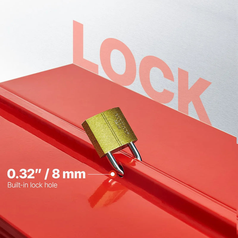 Metāla instrumentu kaste 35,6 cm, 2 līmeņu, 3 nodalījumu salokāma pārnēsājama ar rokturi un aizslēga vietu, pulverkrāsots tērauds, sarkana