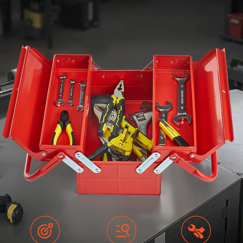 Metāla instrumentu kaste 35,6 cm, 2 līmeņu, 3 nodalījumu salokāma pārnēsājama ar rokturi un aizslēga vietu, pulverkrāsots tērauds, sarkana