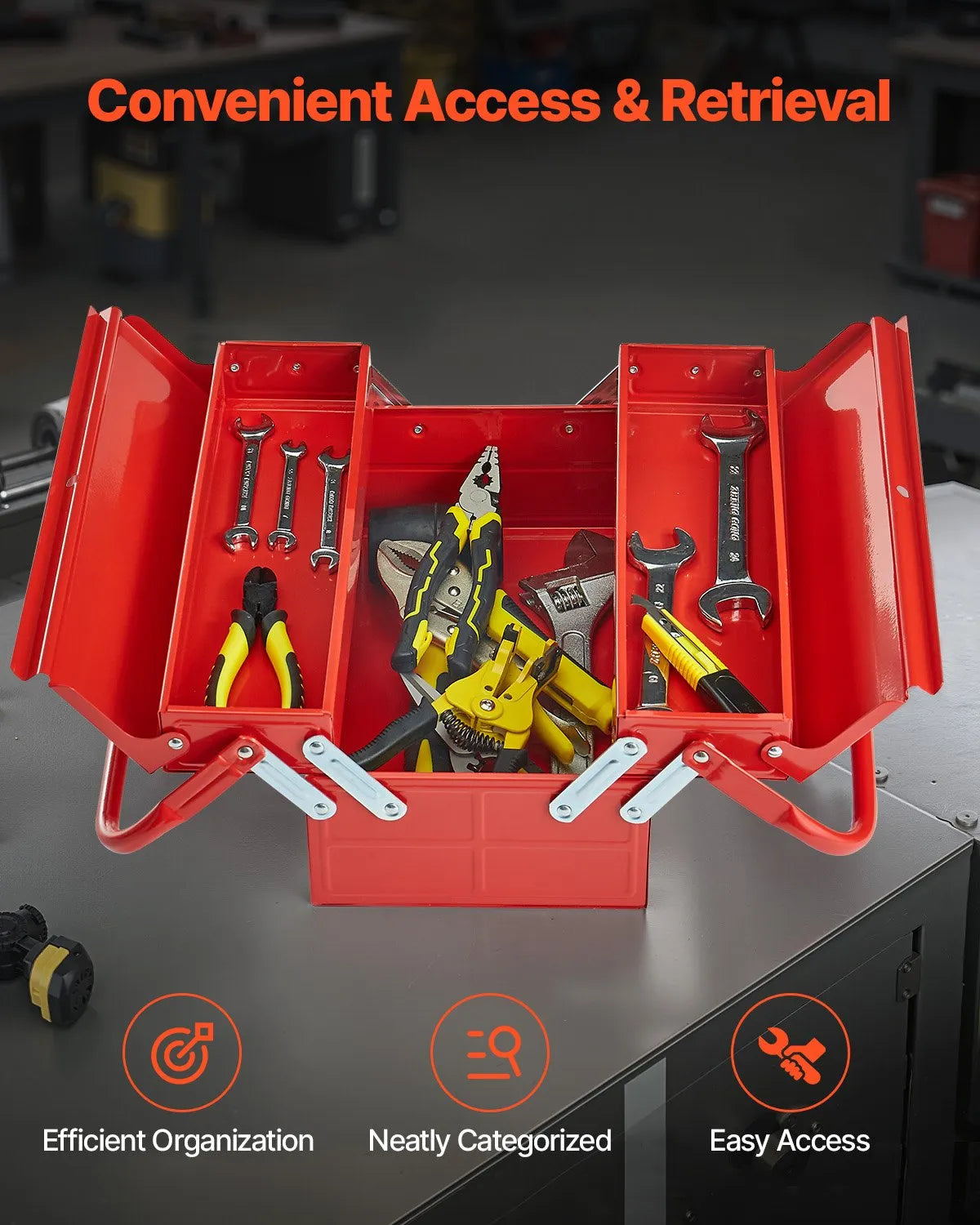 VEVOR Folding Metal Tool Box 356 mm, 2 Tiers, 3 Compartments, with Handle and Lock Slot, Red