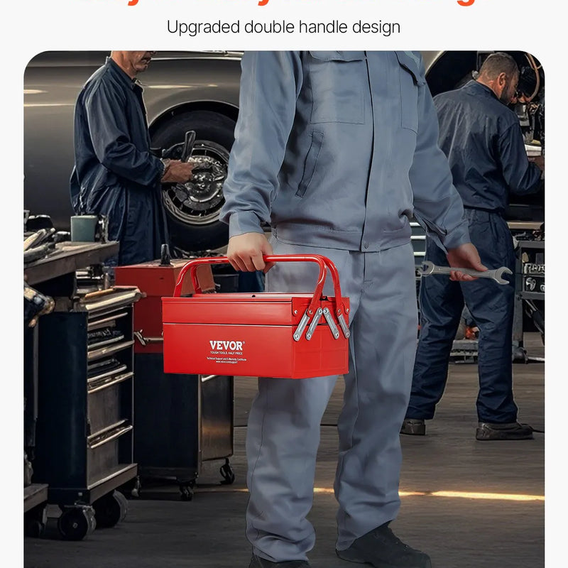 Metāla instrumentu kaste 35,6 cm, 2 līmeņu, 3 nodalījumu salokāma pārnēsājama ar rokturi un aizslēga vietu, pulverkrāsots tērauds, sarkana