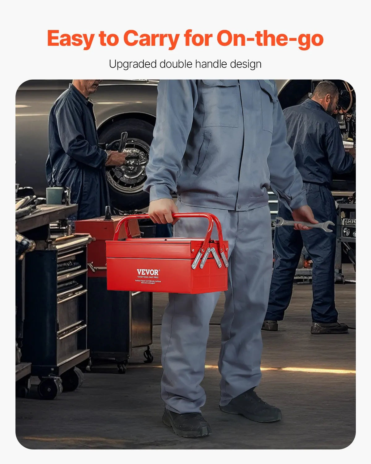VEVOR Folding Metal Tool Box 356 mm, 2 Tiers, 3 Compartments, with Handle and Lock Slot, Red