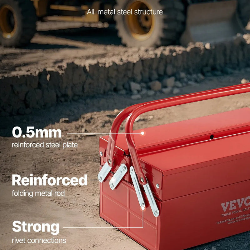 Metāla instrumentu kaste 35,6 cm, 2 līmeņu, 3 nodalījumu salokāma pārnēsājama ar rokturi un aizslēga vietu, pulverkrāsots tērauds, sarkana