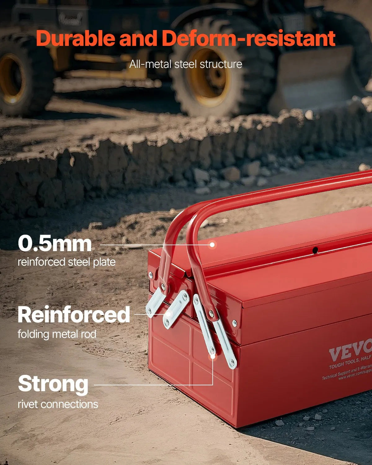 VEVOR Folding Metal Tool Box 356 mm, 2 Tiers, 3 Compartments, with Handle and Lock Slot, Red