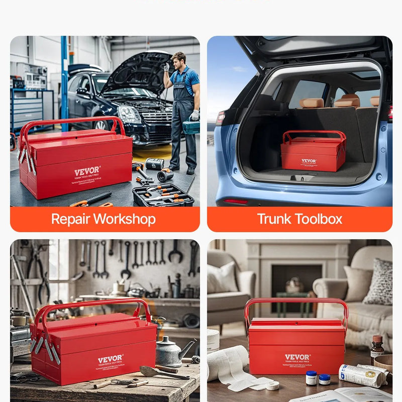 Metāla instrumentu kaste 35,6 cm, 2 līmeņu, 3 nodalījumu salokāma pārnēsājama ar rokturi un aizslēga vietu, pulverkrāsots tērauds, sarkana