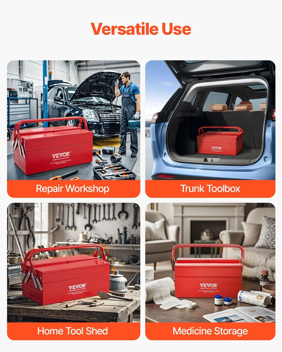 VEVOR Folding Metal Tool Box 356 mm, 2 Tiers, 3 Compartments, with Handle and Lock Slot, Red